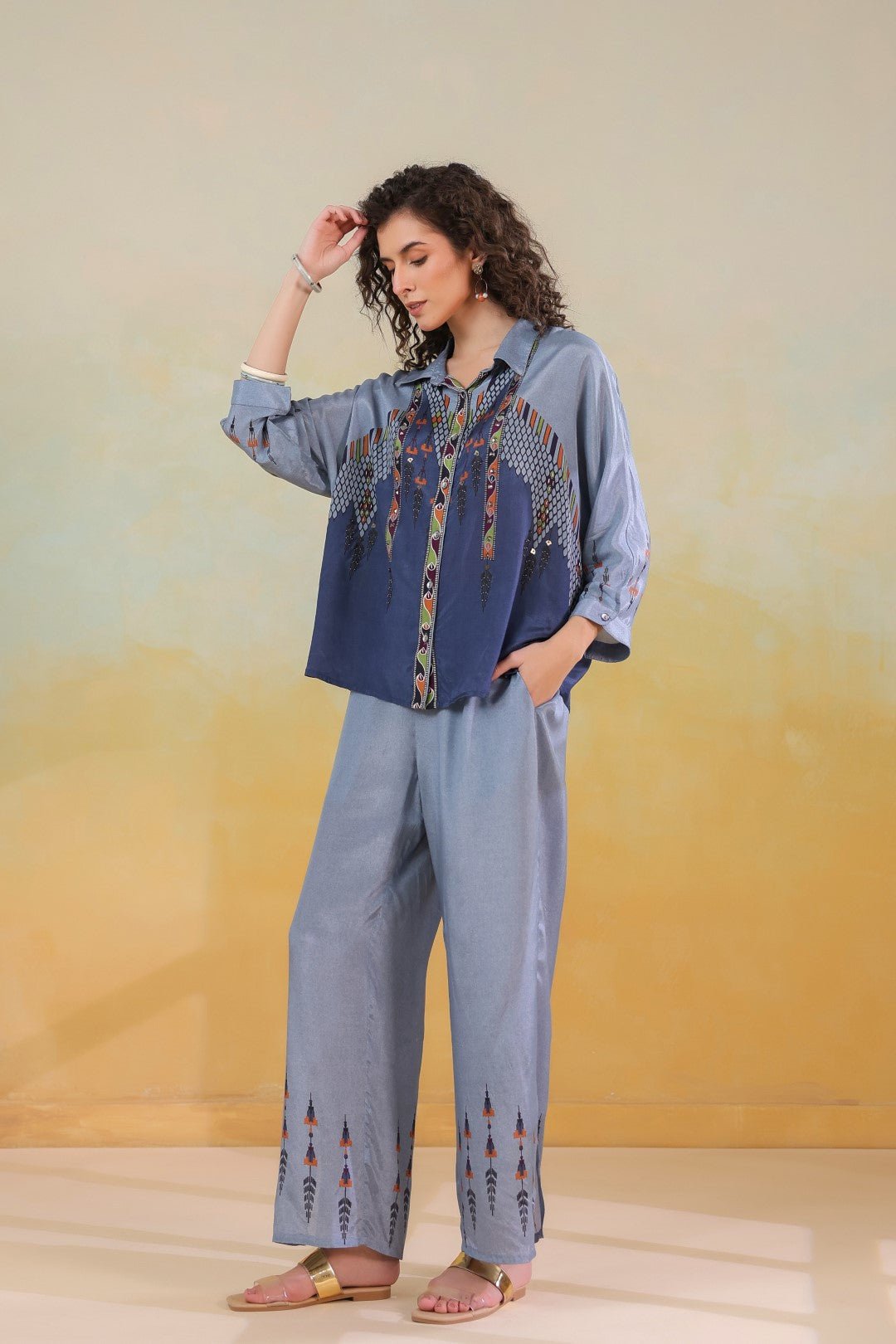 Women’s Viscose Santoon Blue Color Embroidered Co - Ord Set: - Nyaro
