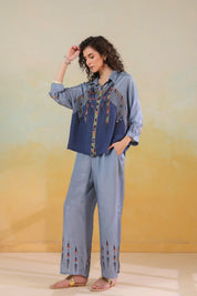 Women’s Viscose Santoon Blue Color Embroidered Co - Ord Set: - Nyaro