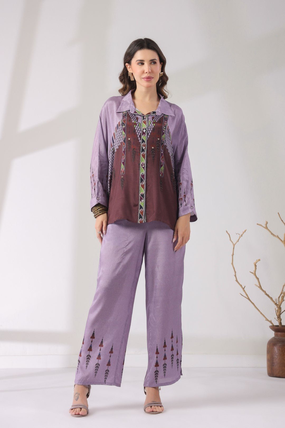 Women’s Viscose Santoon Lavender Color Embroidered Co - Ord Set: - Nyaro