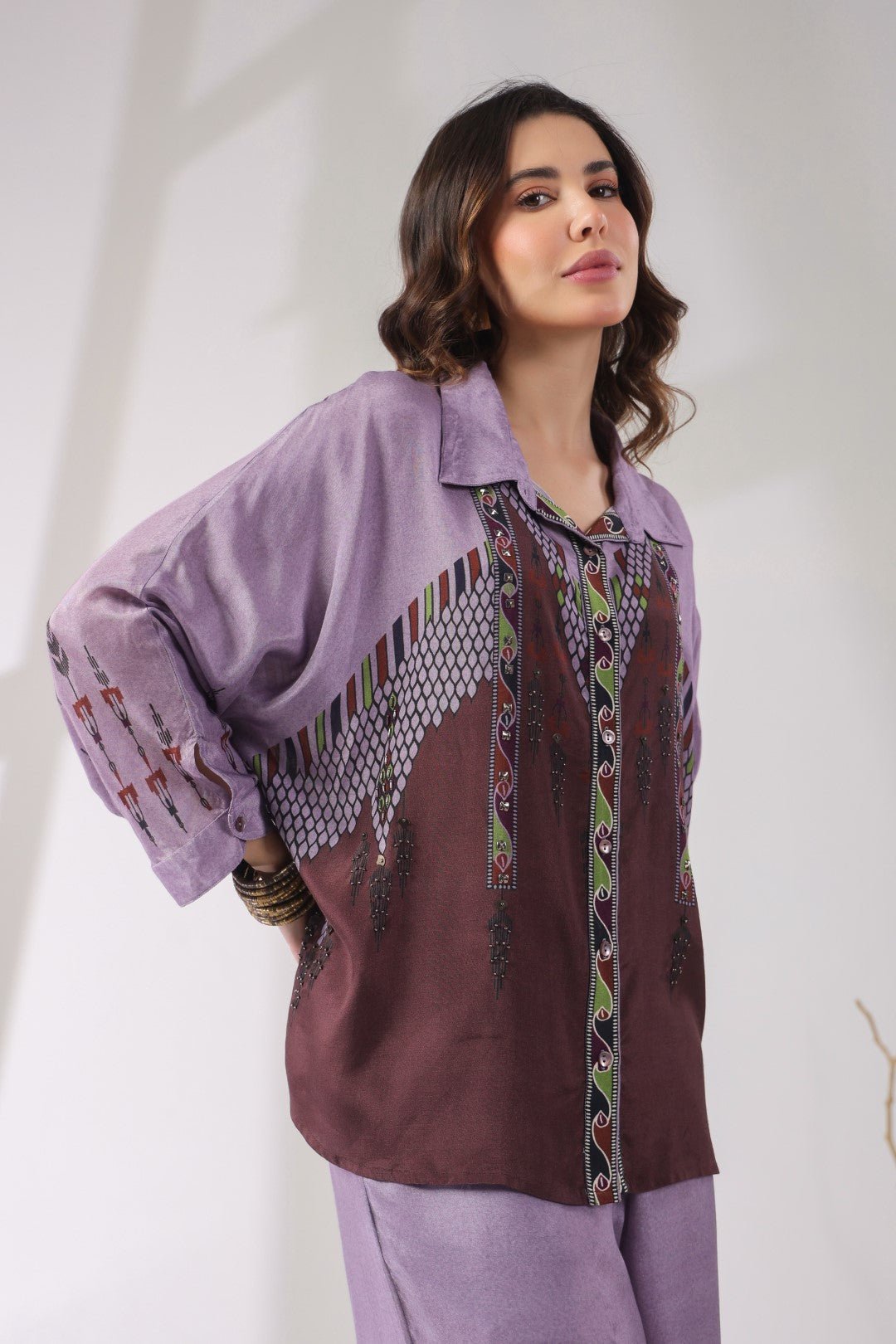 Women’s Viscose Santoon Lavender Color Embroidered Co - Ord Set: - Nyaro