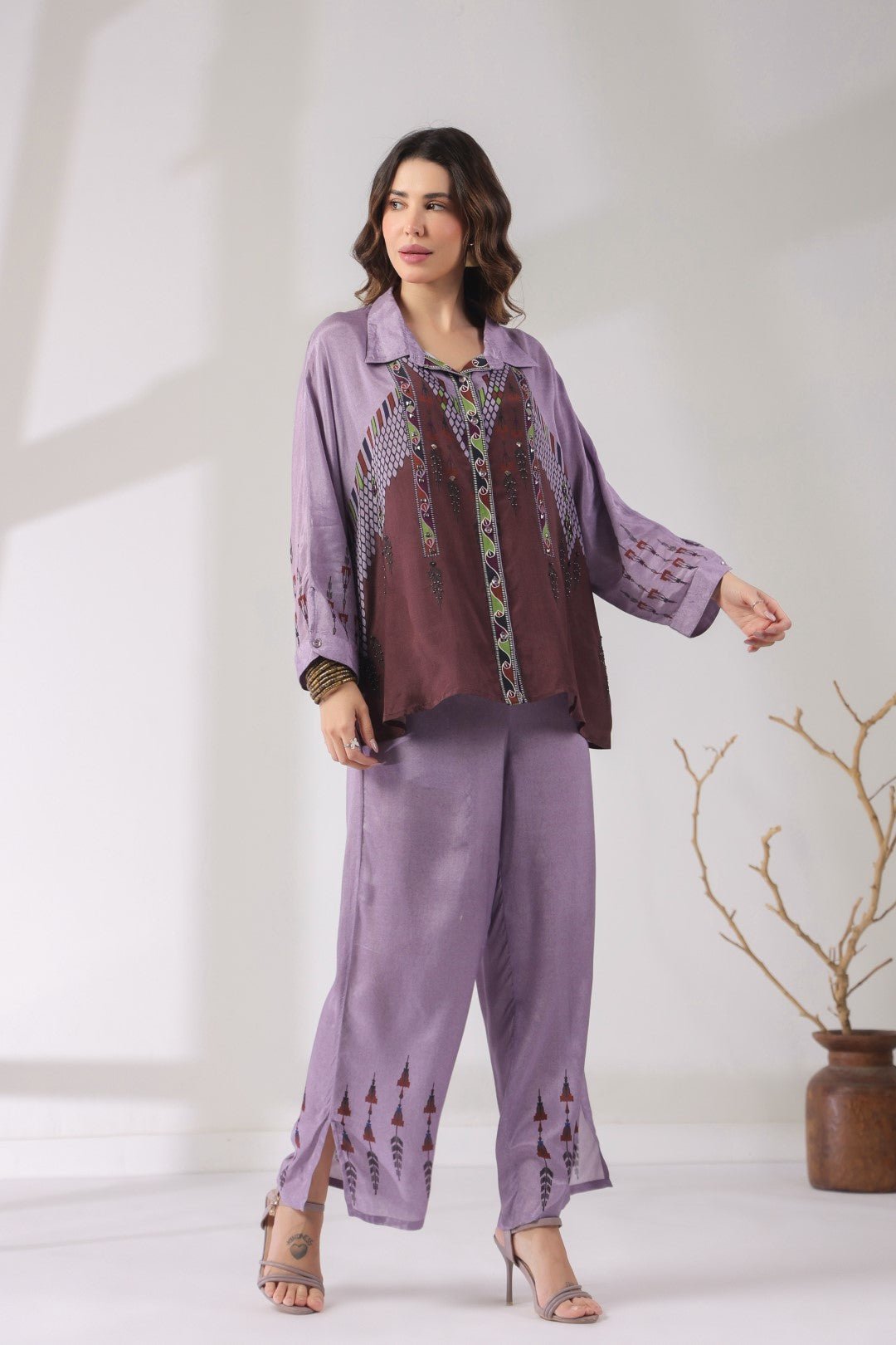 Women’s Viscose Santoon Lavender Color Embroidered Co - Ord Set: - Nyaro