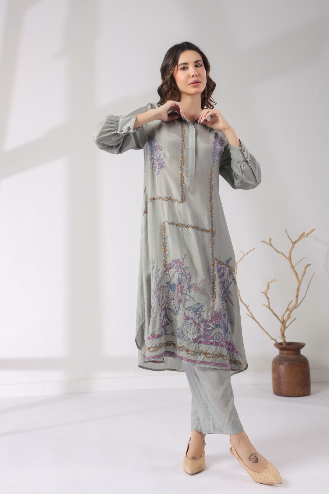 Women’s Viscose Shantoon Grey Color Embroidered Co - Ord Set - Nyaro
