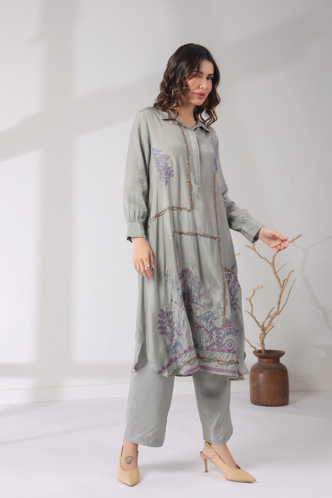 Women’s Viscose Shantoon Grey Color Embroidered Co - Ord Set - Nyaro