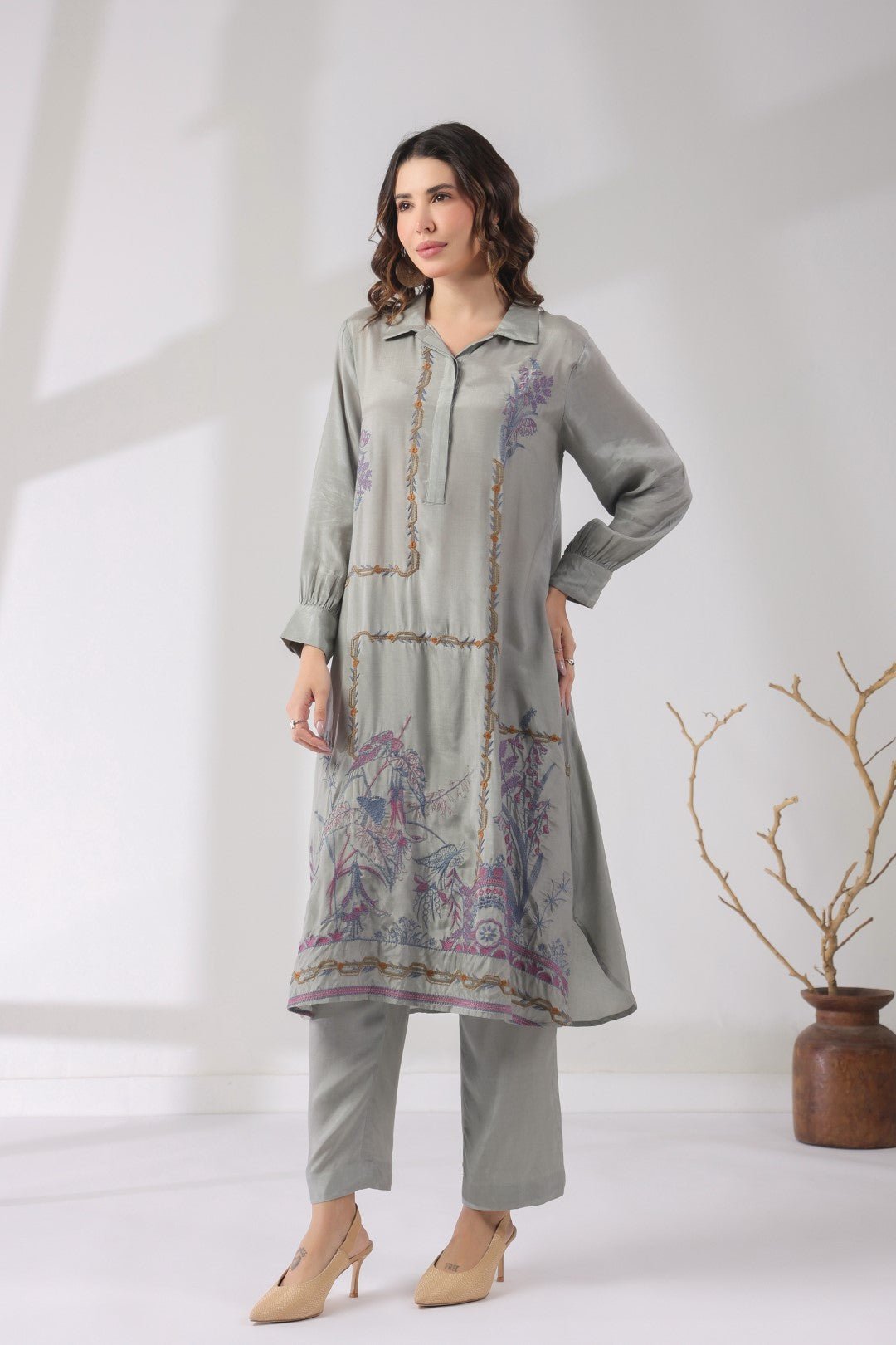 Women’s Viscose Shantoon Grey Color Embroidered Co - Ord Set - Nyaro