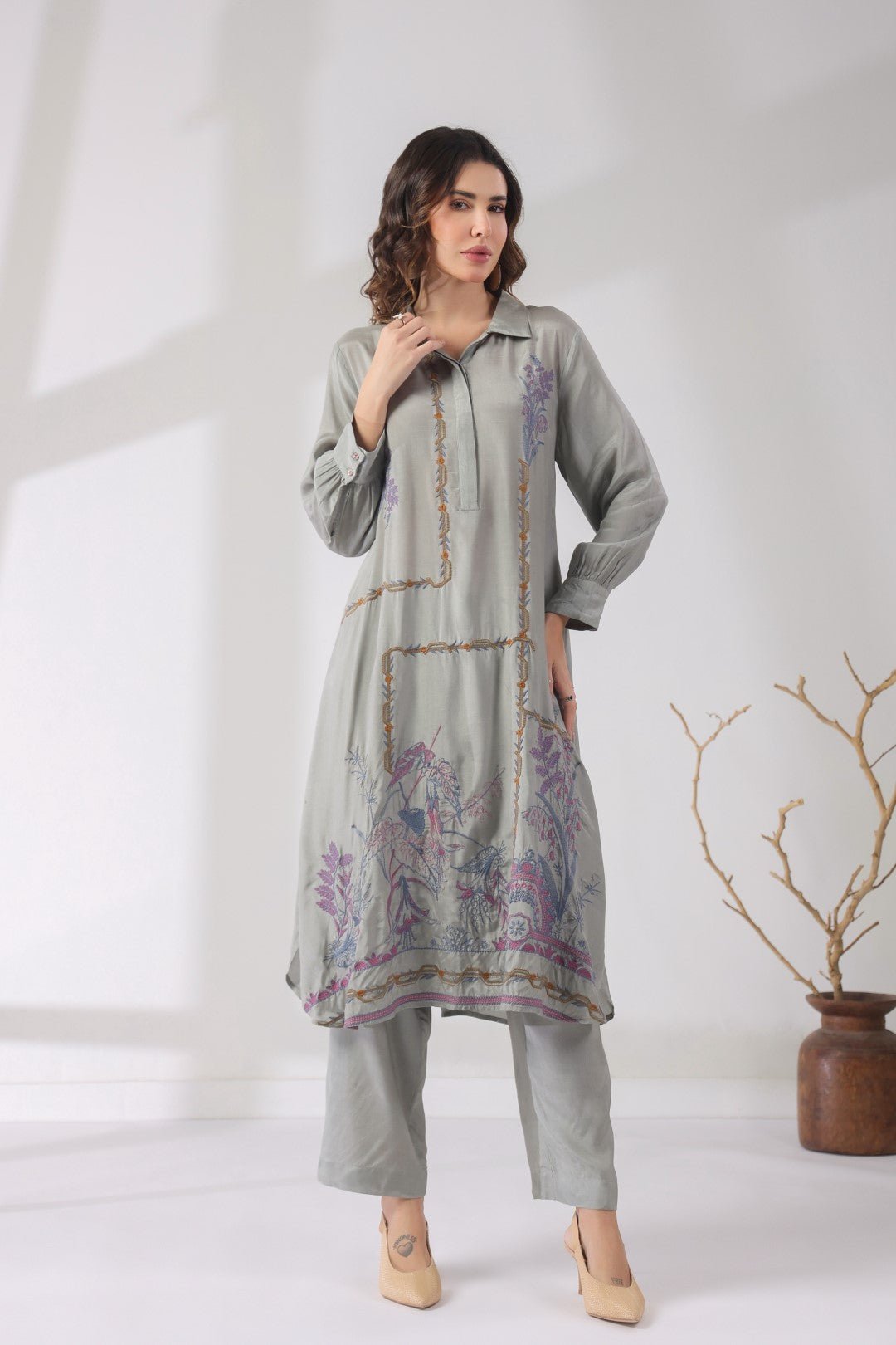 Women’s Viscose Shantoon Grey Color Embroidered Co - Ord Set - Nyaro