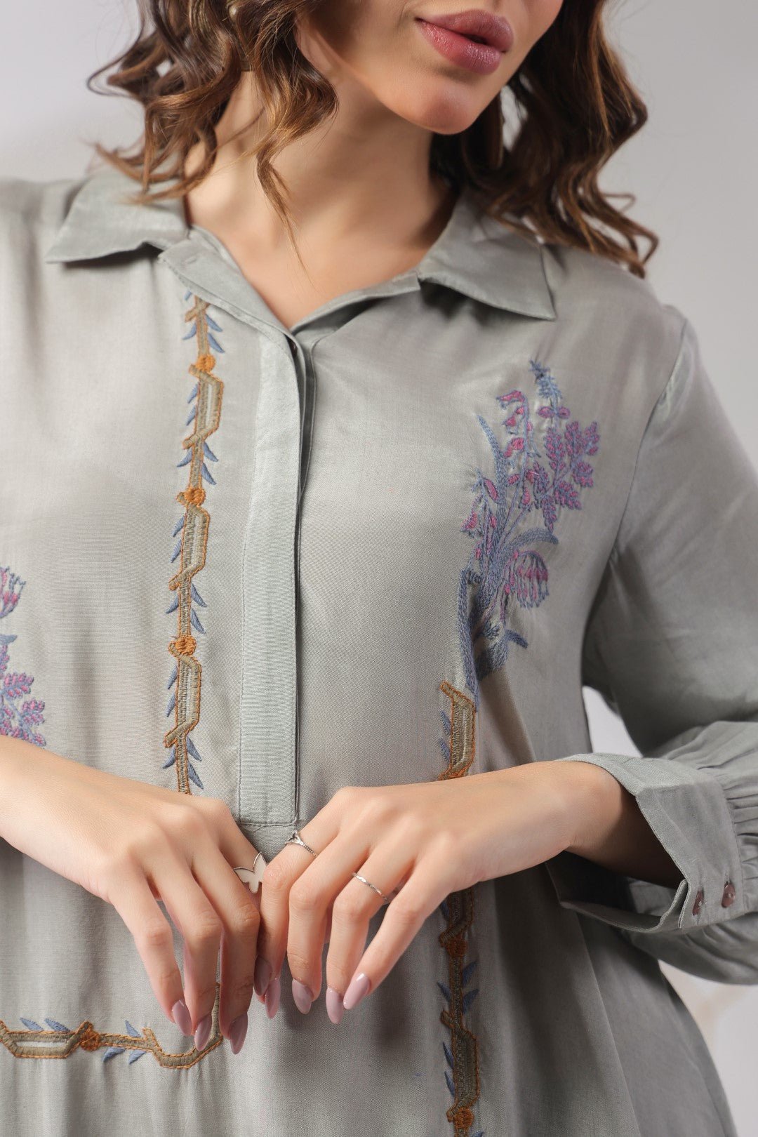 Women’s Viscose Shantoon Grey Color Embroidered Co - Ord Set - Nyaro