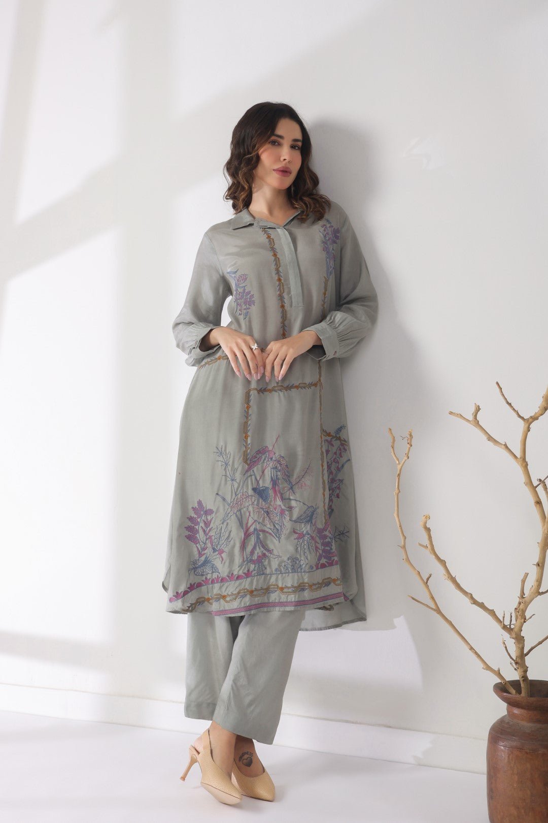 Women’s Viscose Shantoon Grey Color Embroidered Co - Ord Set - Nyaro