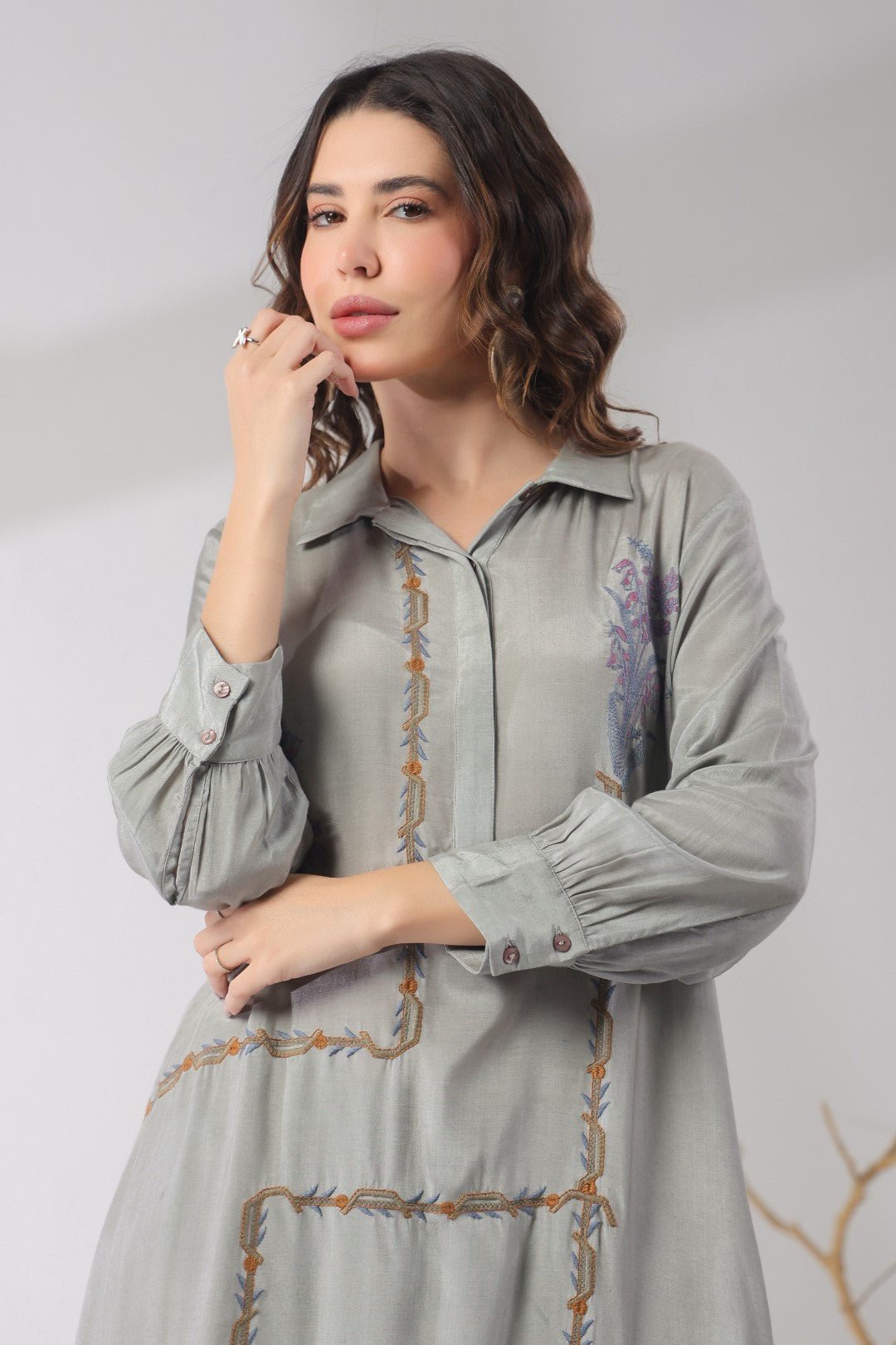 Women’s Viscose Shantoon Grey Color Embroidered Co - Ord Set - Nyaro