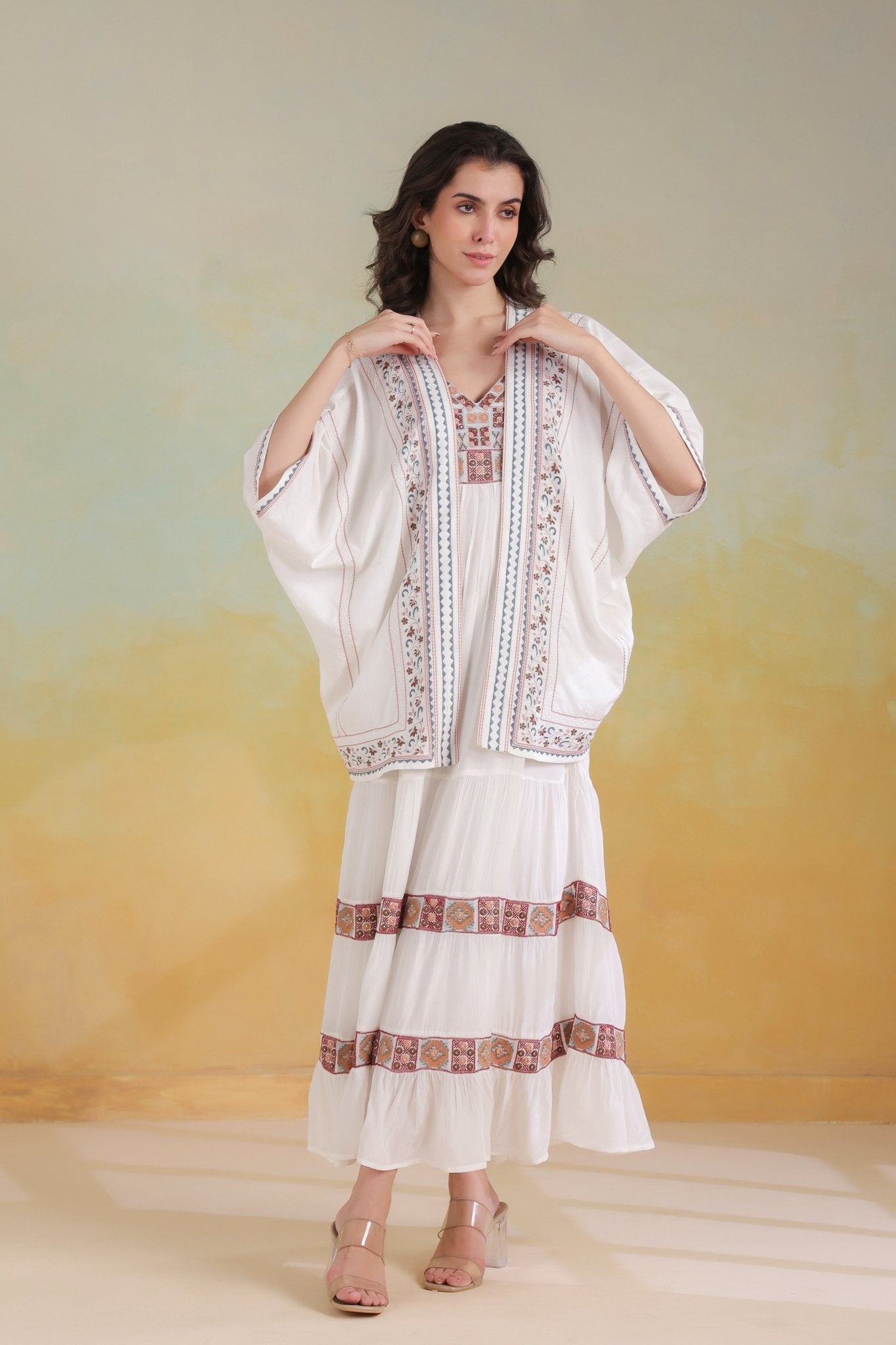 Women’s White Rayon Printed Embroidered Shrug - Nyaro