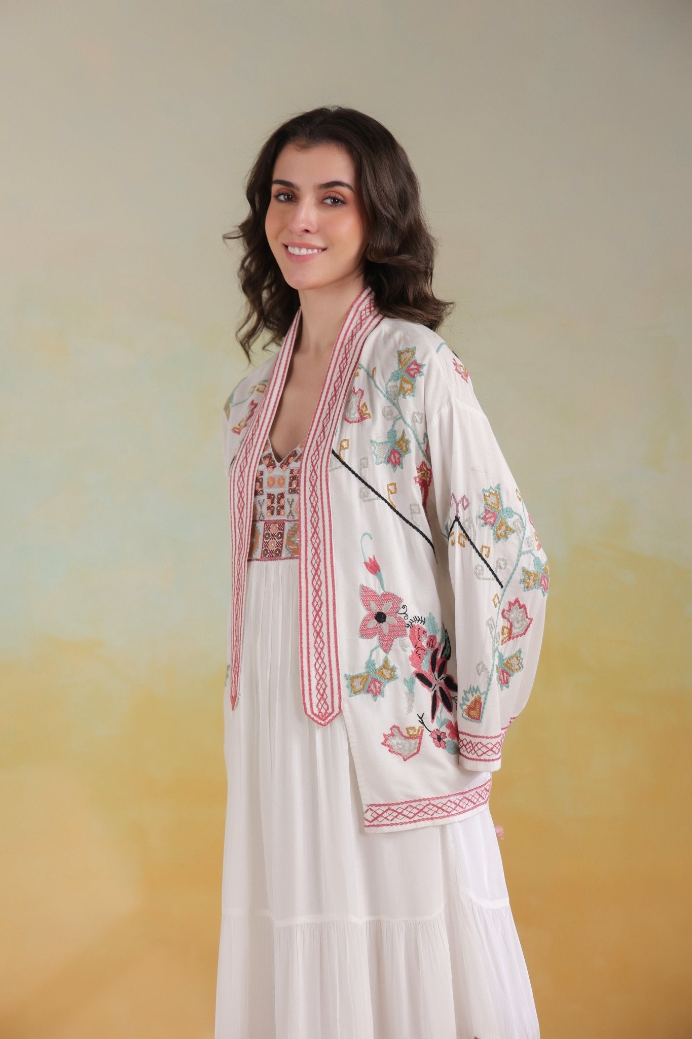 Women’s White Rayon Solid Embroidered Shrug - Nyaro