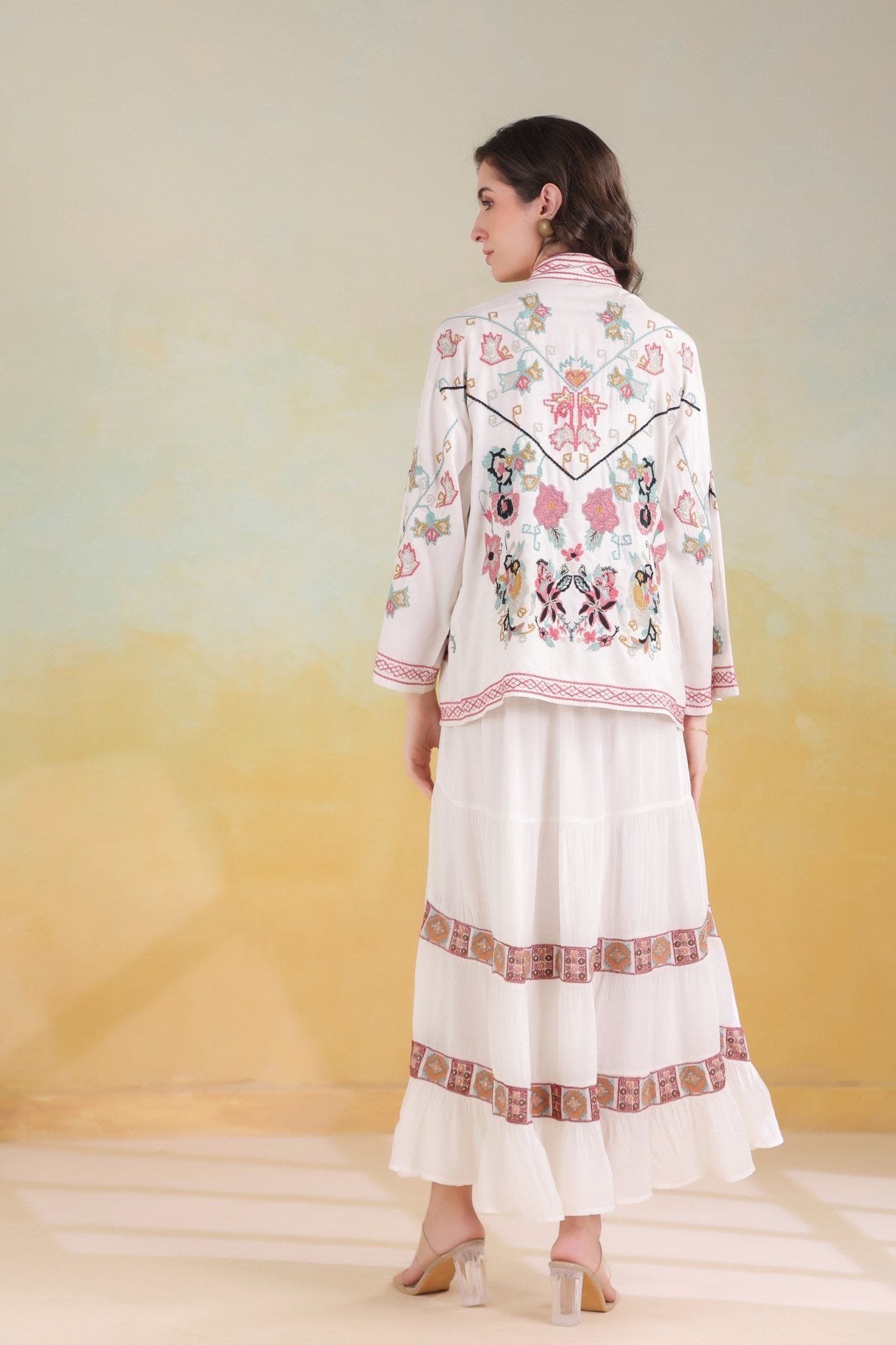 Women’s White Rayon Solid Embroidered Shrug - Nyaro