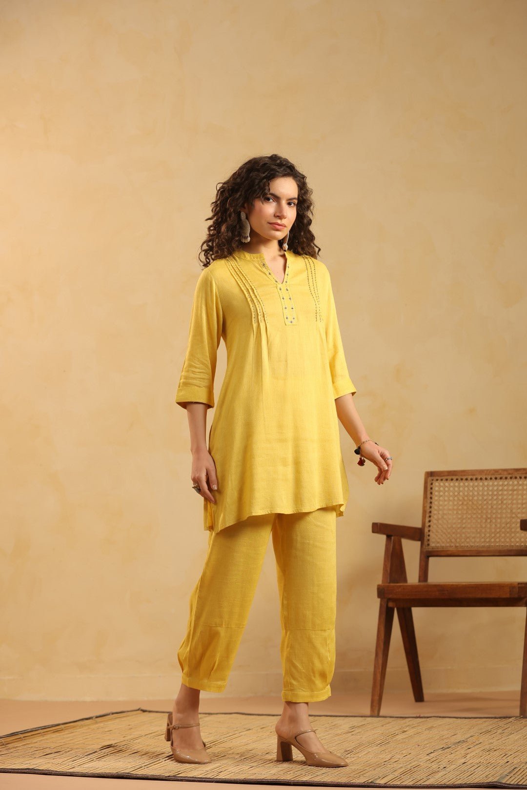 Yellow Cotton Linen Kurta & Pant Co - Ord Set for Women - Nyaro