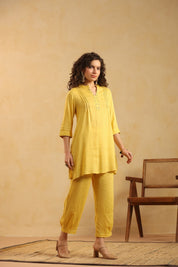 Yellow Cotton Linen Kurta & Pant Co - Ord Set for Women - Nyaro