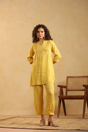 Yellow Cotton Linen Kurta & Pant Co - Ord Set for Women - Nyaro