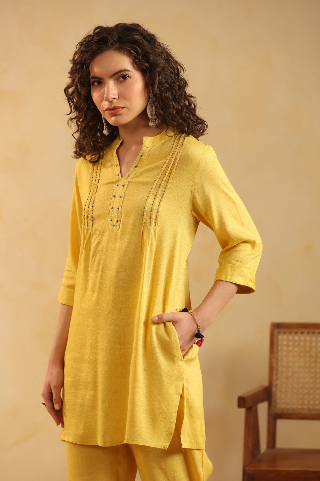 Yellow Cotton Linen Kurta & Pant Co - Ord Set for Women - Nyaro