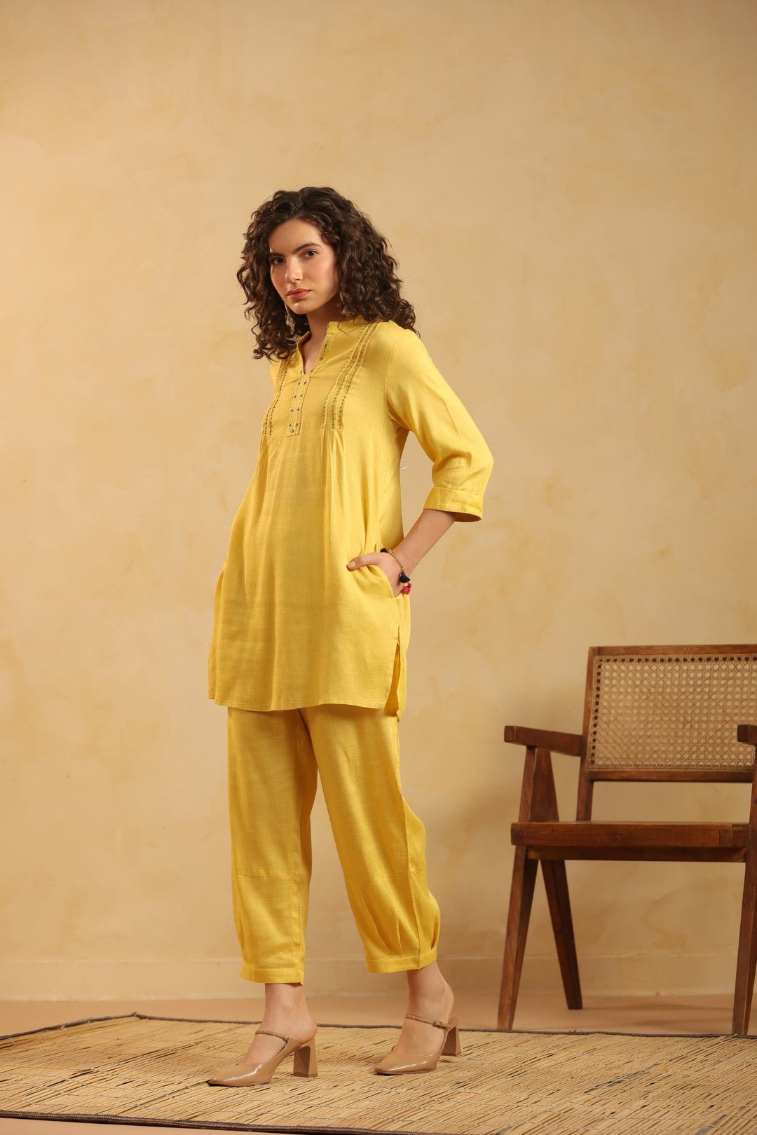 Yellow Cotton Linen Kurta & Pant Co - Ord Set for Women - Nyaro