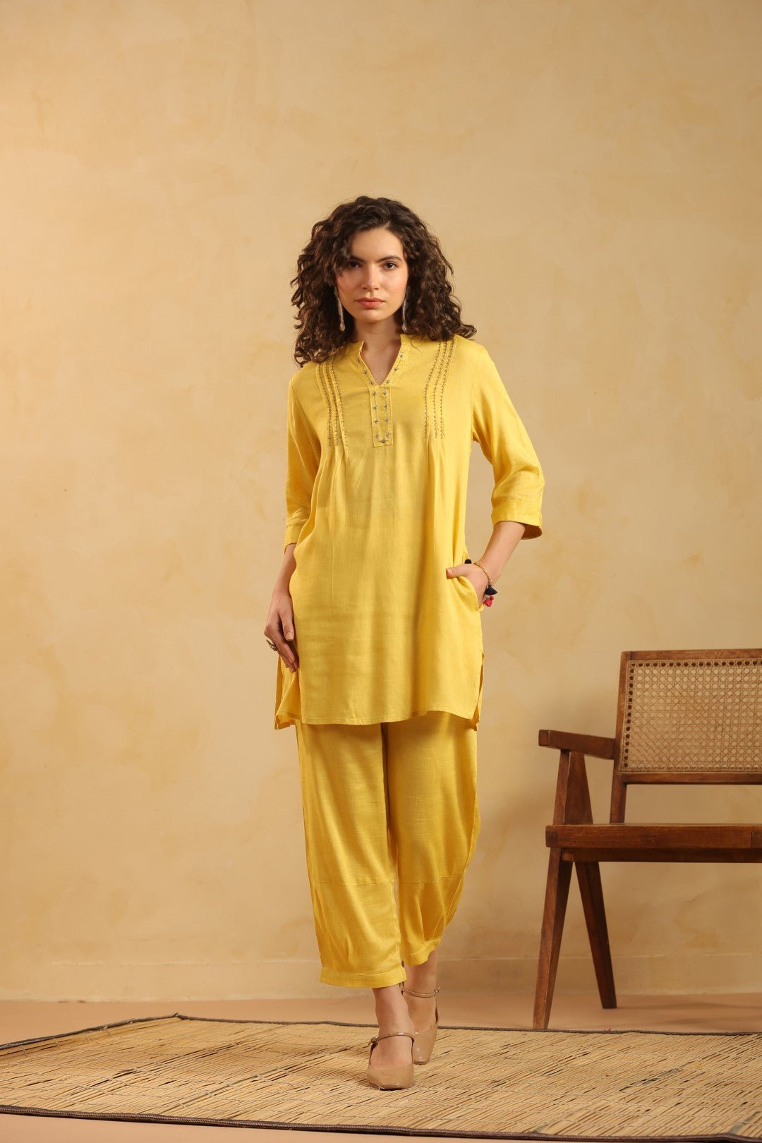 Yellow Cotton Linen Kurta & Pant Co - Ord Set for Women - Nyaro